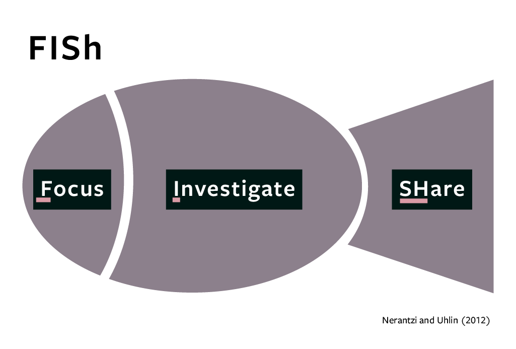 diagram of a fish saying: focus, investigate, share
