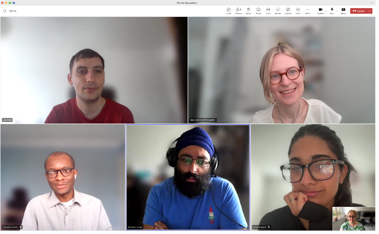 a screenshot of a Teams online call with people on their video feeds.